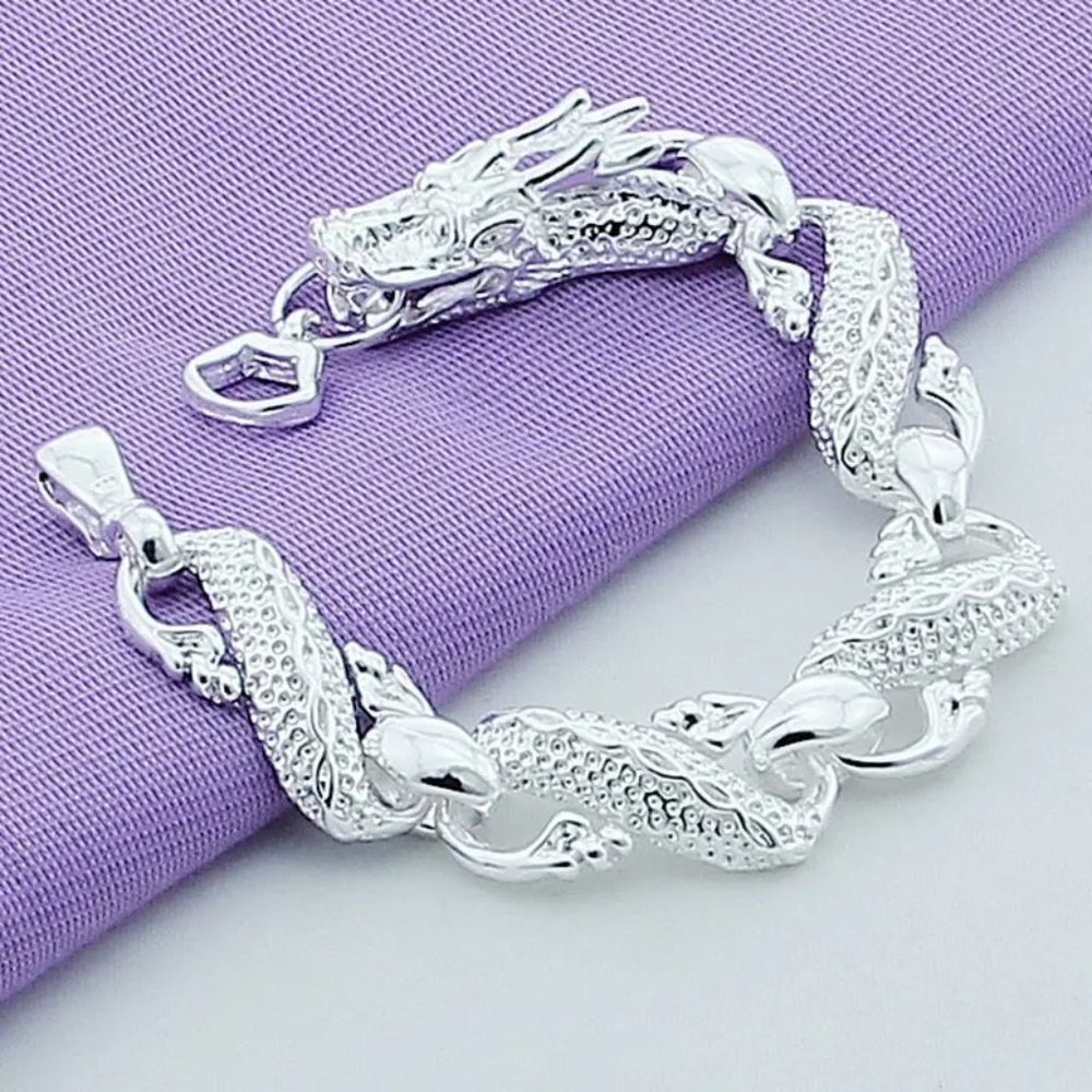 Stunning Full Big Dragon 8" Silver Bracelet - Picture 8 of 8